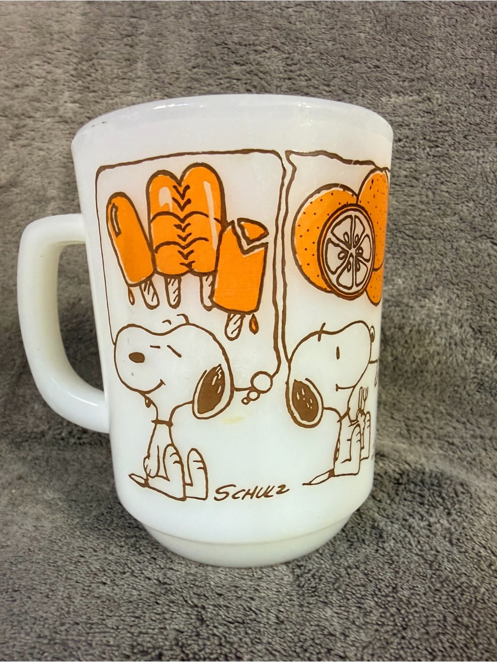 Vintage Snoopy Orange Popsicle Milk Glass Mug